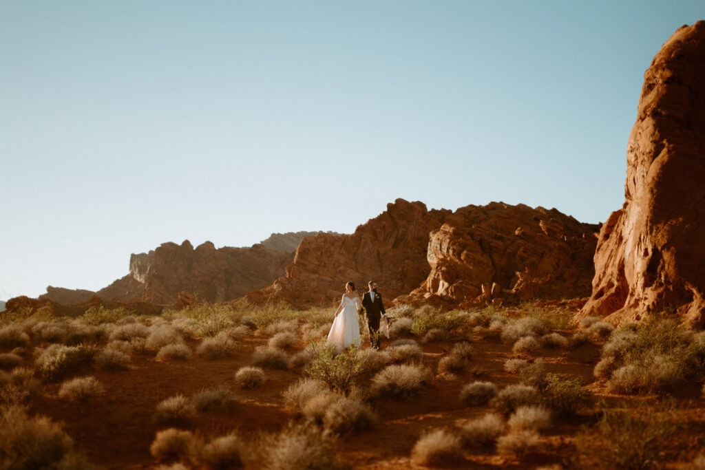 Bride and Groom elopement in Valley of Fire. A wide shot of them standing in the landscape. 
